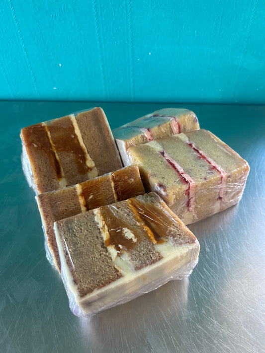 Caramel and raspberry slices